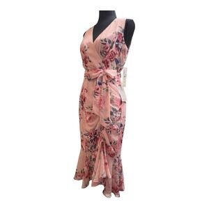 Eliza J Blush Floral Chiffon Faux Wrap‎ Belted Dress Asymmetrical Hem Size 2 NEW